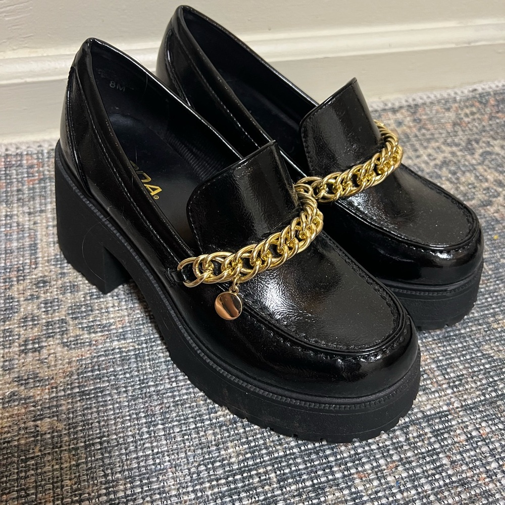 Black Chunky Loafers with Gold Chain